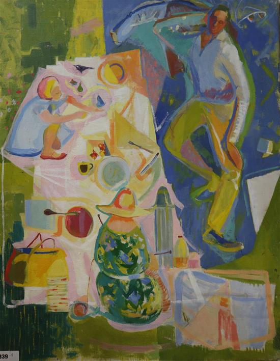 Modern British oil on canvas, The Picnic, inscribed Brick verso, 92 x 71cm, unframed.